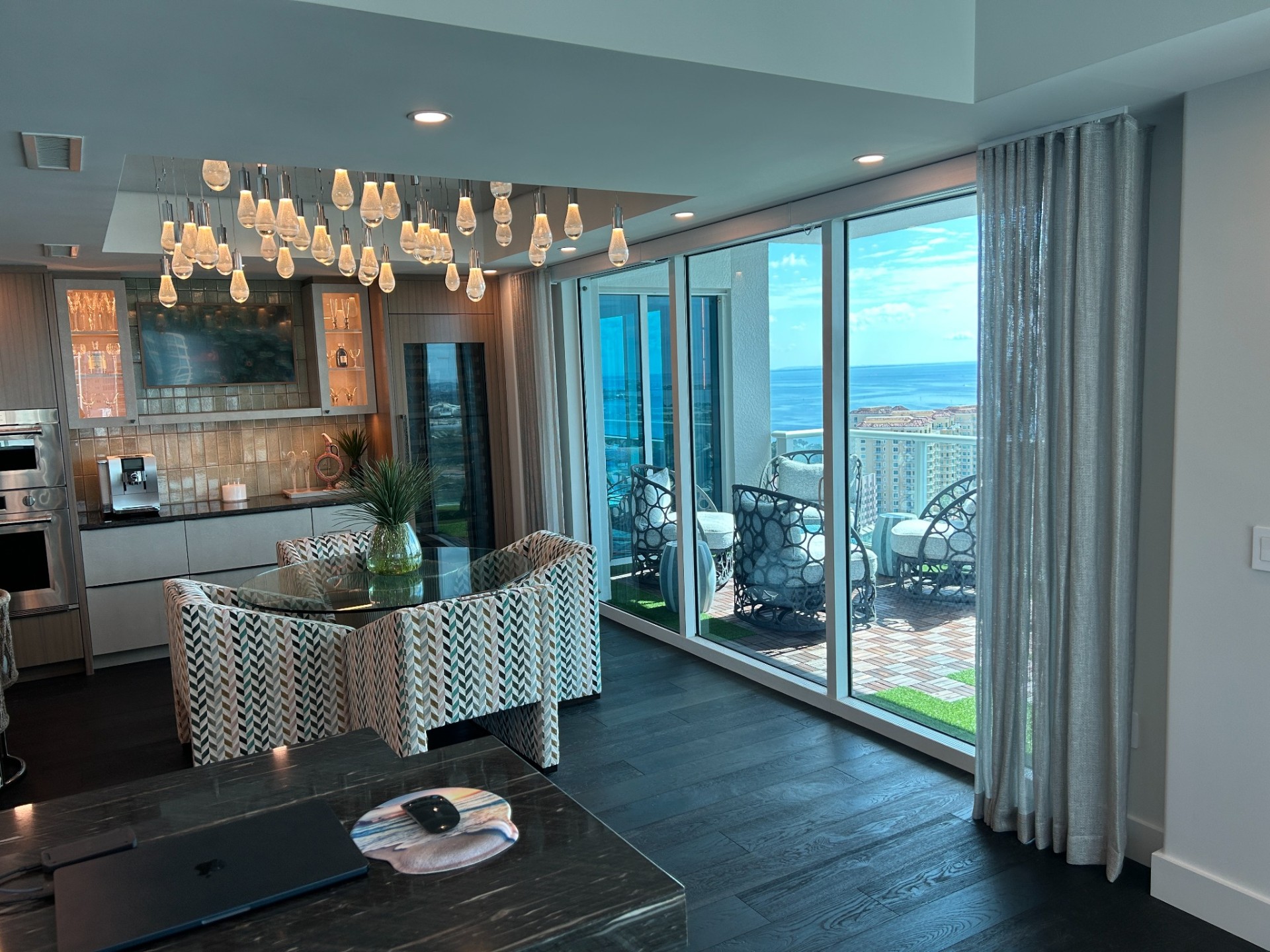 Dining room drapery with waterfront view